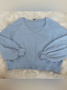 Free People Light Blue V-Neck Bubble Sleeve Sweater